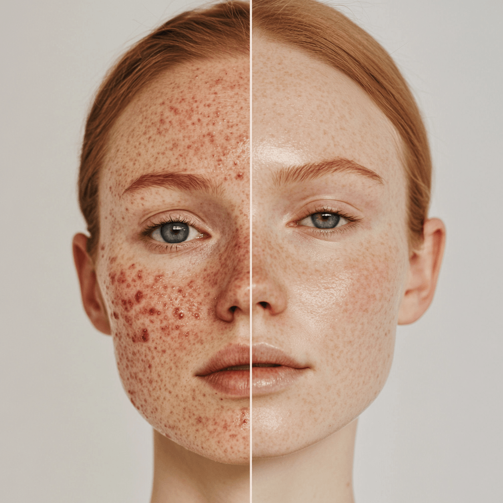 Une femme avec des imperfections faciales visibles et une peau propre, isolée sur un fond blanc. La moitié gauche montre son visage couvert de boutons rouges ou de taches sombres, tandis que la moitié droite révèle une peau propre et saine, sans imperfections.