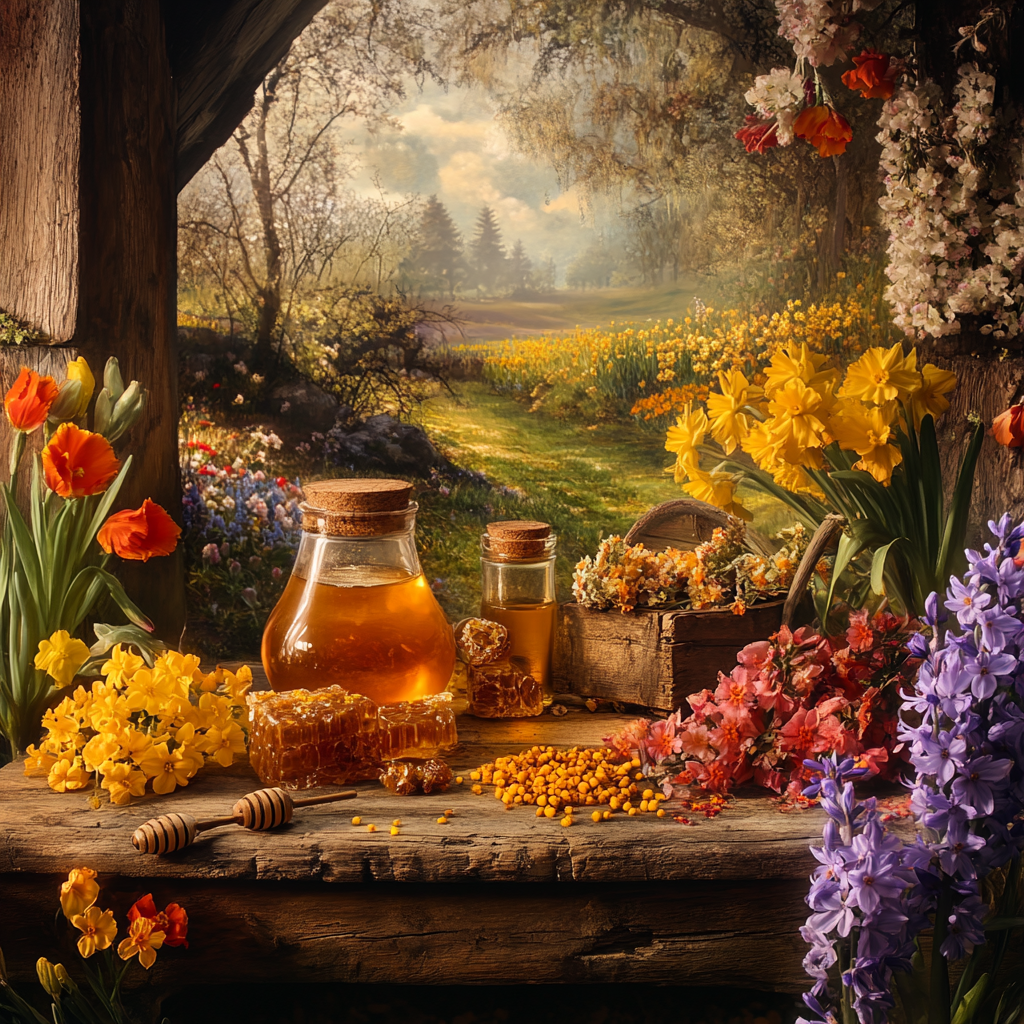 Een rustiek tafereel met een pot gouden honing, honingraten en stuifmeelkorrels, omringd door kleurrijke voorjaarsbloemen in een idyllisch landschap.