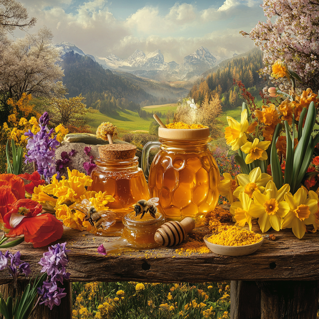 Une table en bois rustique ornée de pots de miel doré et de pollen d’abeille, entourée de fleurs printanières colorées. Des abeilles butinent autour du miel, tandis qu’un paysage de montagnes verdoyantes et de prairies fleuries s’étend en arrière-plan. 