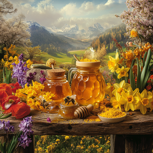 Une table en bois rustique ornée de pots de miel doré et de pollen d’abeille, entourée de fleurs printanières colorées. Des abeilles butinent autour du miel, tandis qu’un paysage de montagnes verdoyantes et de prairies fleuries s’étend en arrière-plan. 
