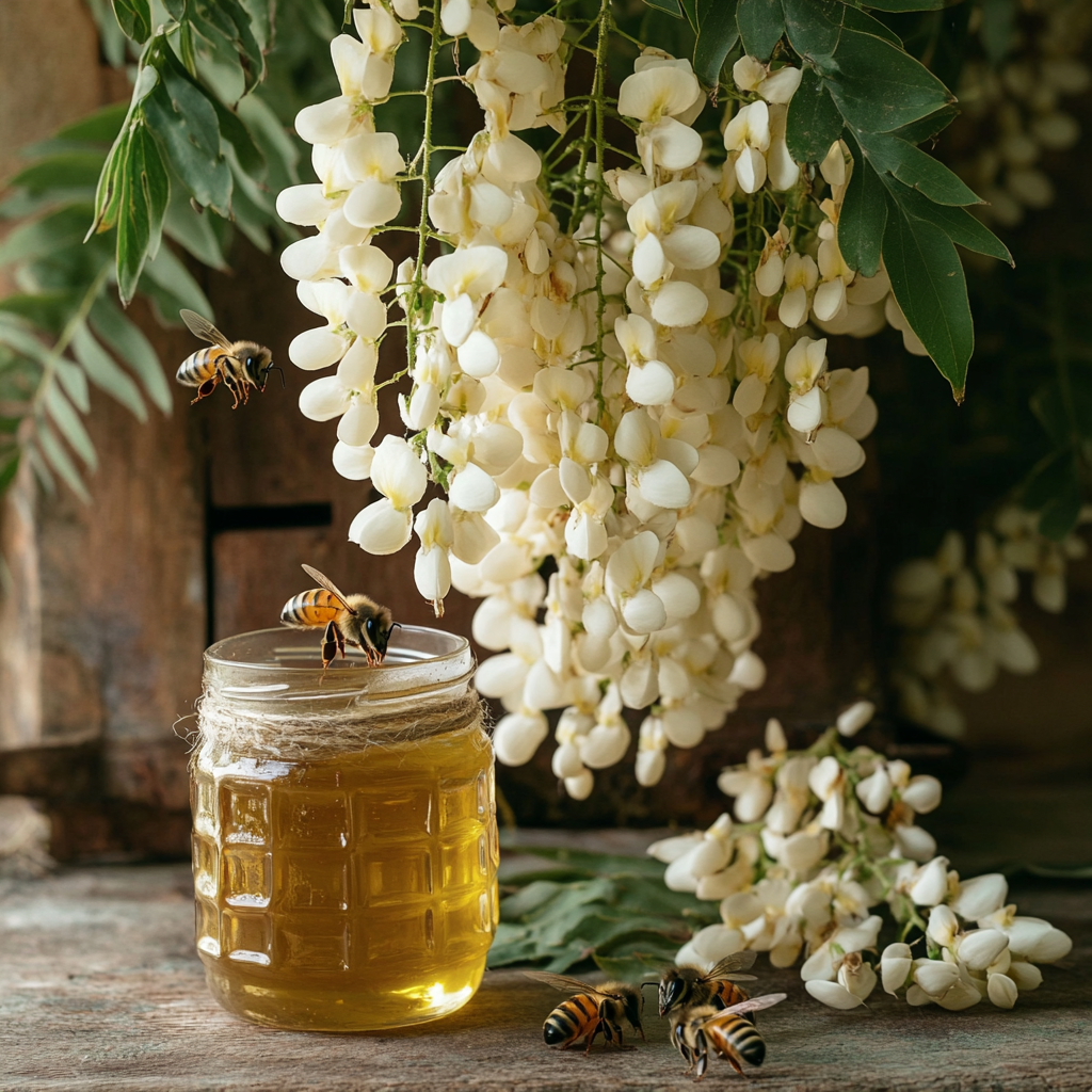 Glazen pot met gouden acaciahoning, omringd door bloeiende acaciabloemen en bijen die nectar verzamelen.