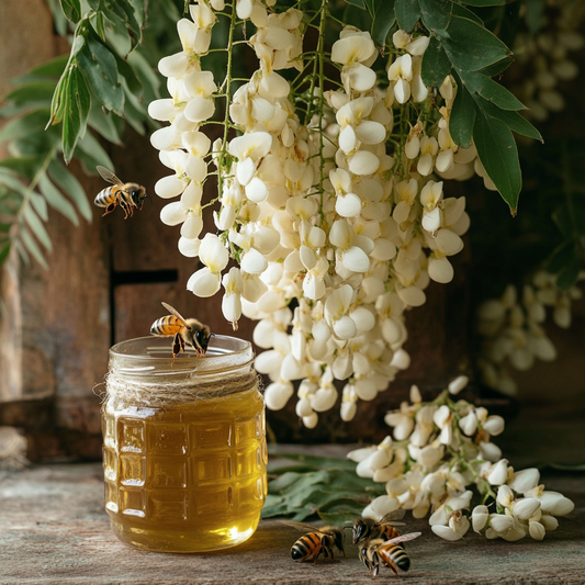 Glazen pot met gouden acaciahoning, omringd door bloeiende acaciabloemen en bijen die nectar verzamelen.
