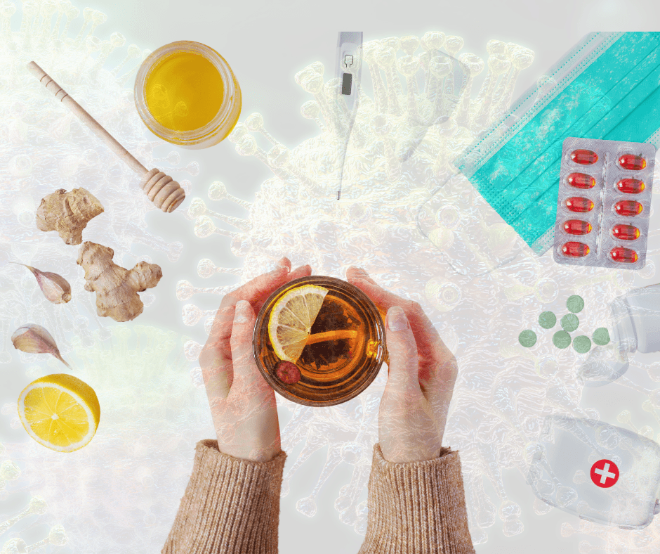 Remèdes naturels et équipements médicaux pour renforcer l’immunité et traiter la grippe : gingembre, miel, ail, citron, thé, masque de protection, médicaments et thermomètre sur un fond avec une illustration représentant des virus.