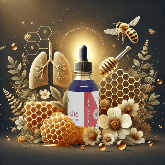 un flacon de teinture mère de propolis entouré de rayons de miel, de propolis brute et de fleurs, avec des éléments subtils illustrant ses bienfaits pour la santé respiratoire