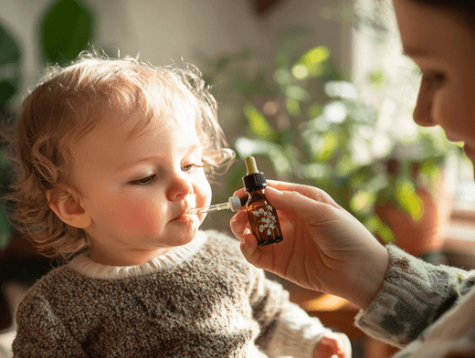 Enfant prenant une teinture de propolis pour renforcer son immunité.