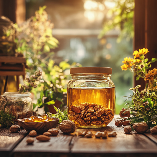 Een glazen pot met honing en walnoten, omgeven door noten en kruiden in warm zonlicht.