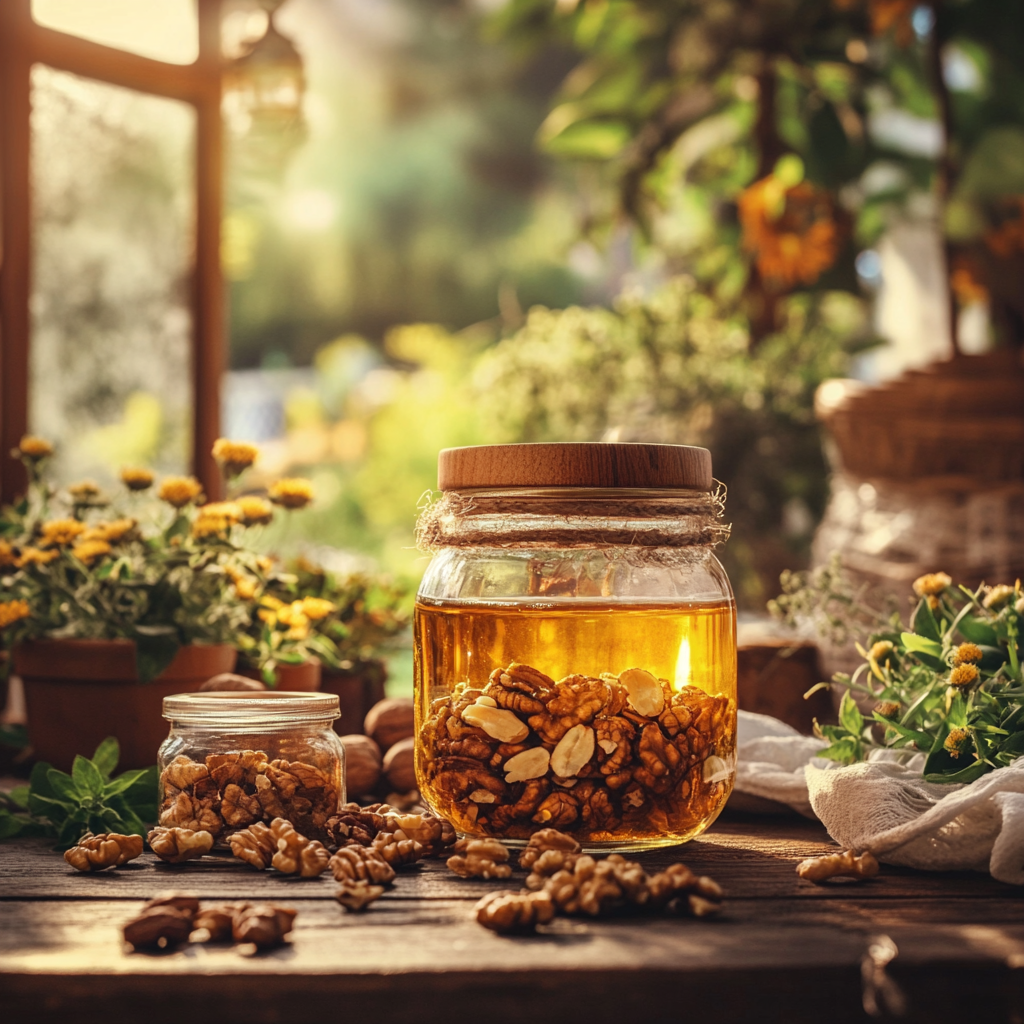 Un pot de miel cru aux noix posé sur une table en bois, entouré de noix fraîches et de pots en verre. La lumière naturelle du soleil illumine la scène, mettant en valeur la texture dorée du miel et l’ambiance chaleureuse d’un jardin rustique.