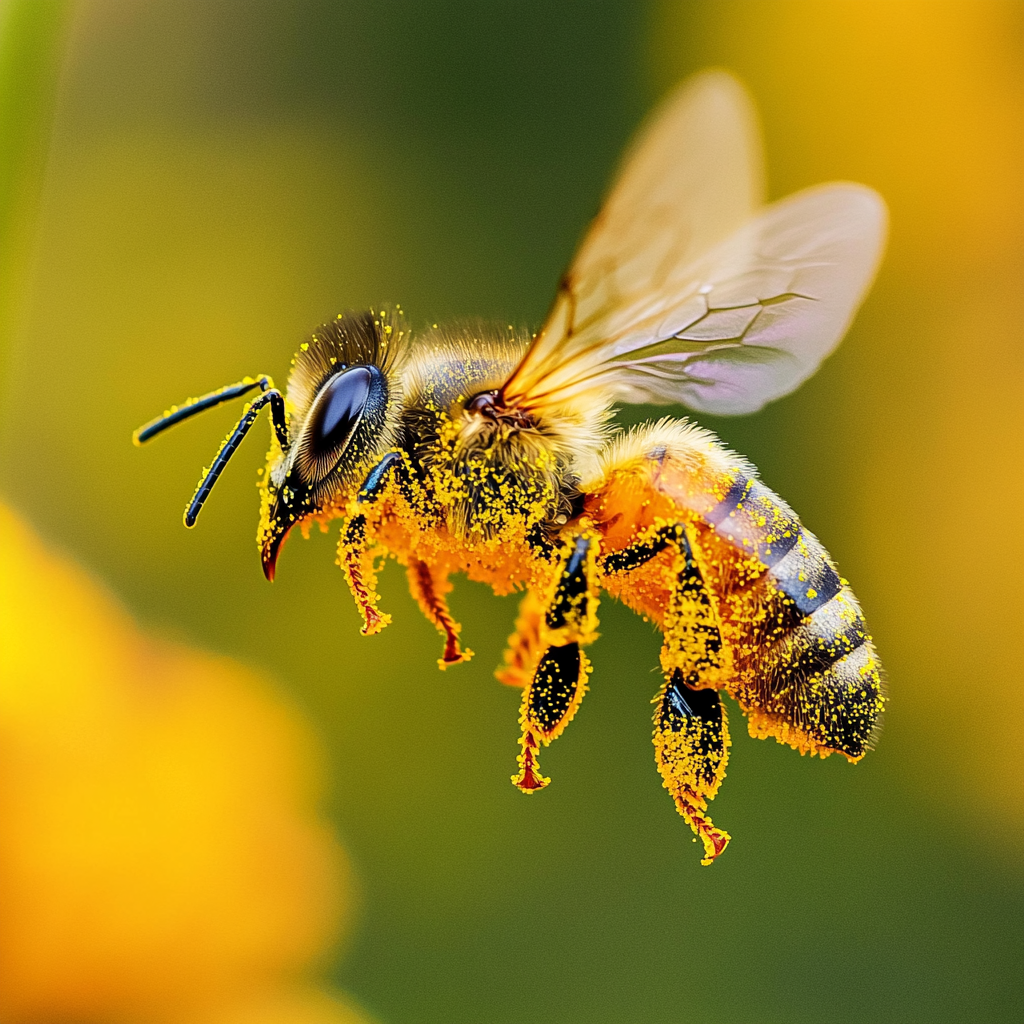Honingbij bedekt met stuifmeel vliegt tussen bloeiende bloemen, essentieel voor bestuiving en biodiversiteit.