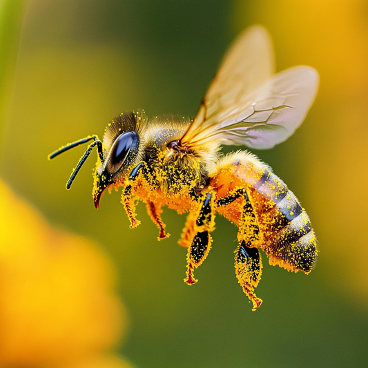 Honingbij bedekt met stuifmeel vliegt tussen bloeiende bloemen, essentieel voor bestuiving en biodiversiteit.