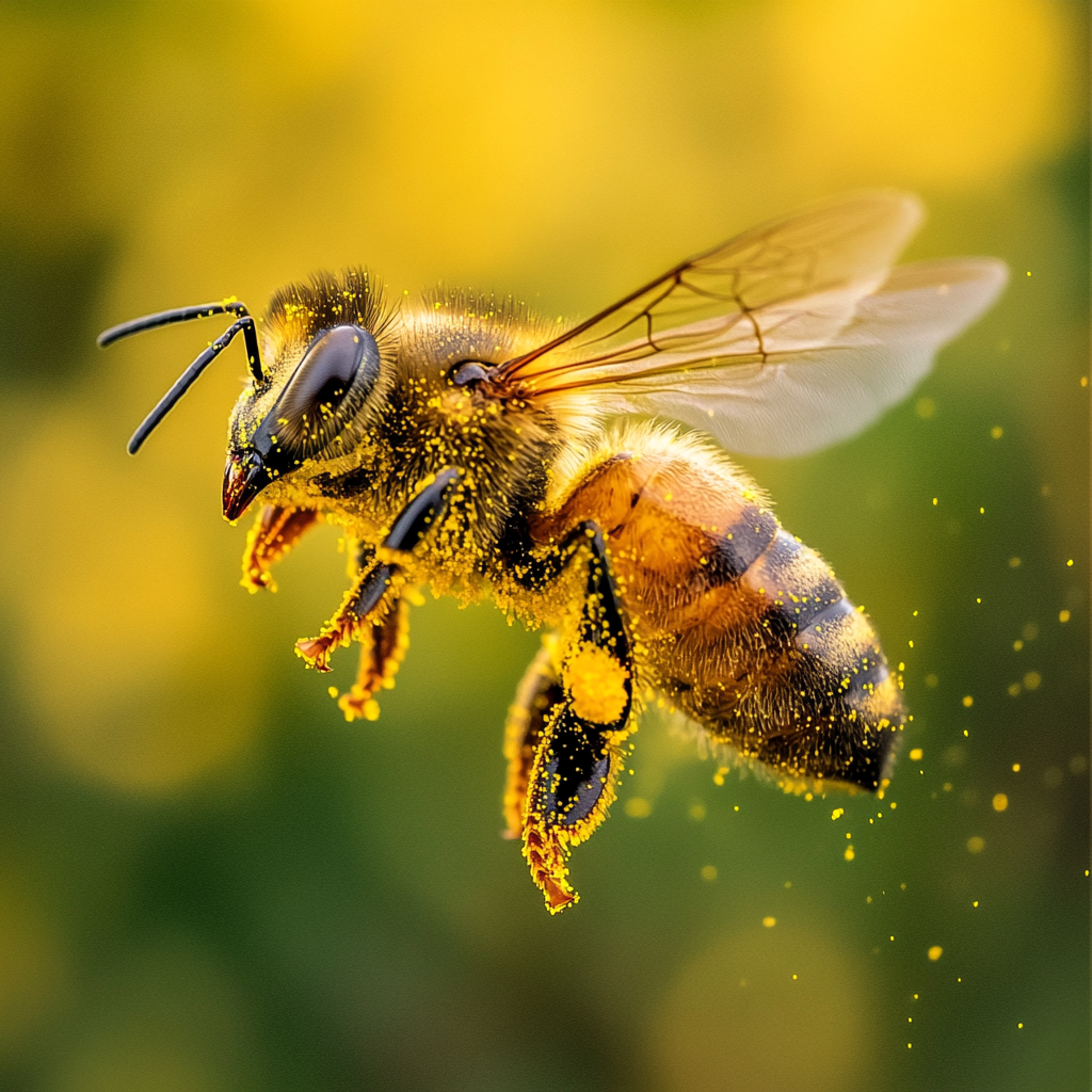 Une abeille en plein vol, couverte de pollen doré, transportant des granules de pollen sur ses pattes arrière. Une image macro capturant la beauté et l’importance du rôle des abeilles dans la pollinisation et la production de pollen d’abeille.