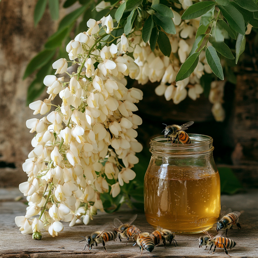 Un pot de miel d’acacia doré posé sur une table en bois, entouré d’abeilles butinant et d’une grappe de fleurs blanches d’acacia. Une scène naturelle mettant en valeur la production artisanale du miel et l’importance des abeilles dans la pollinisation.
