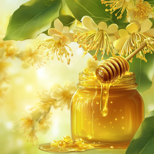 Een pot met gouden lindehoning met een houten lepel waar honing vanaf druipt, omringd door geurige lindebloesems. Een heldere en natuurlijke scène die de zoetheid en de voordelen van lindehoning benadrukt.
