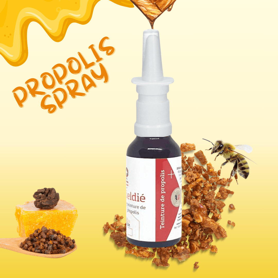 Spray nasal à la propolis avec un design attractif, mettant en avant les ingrédients naturels comme la propolis brute, le miel et une abeille, sur un fond jaune vibrant.