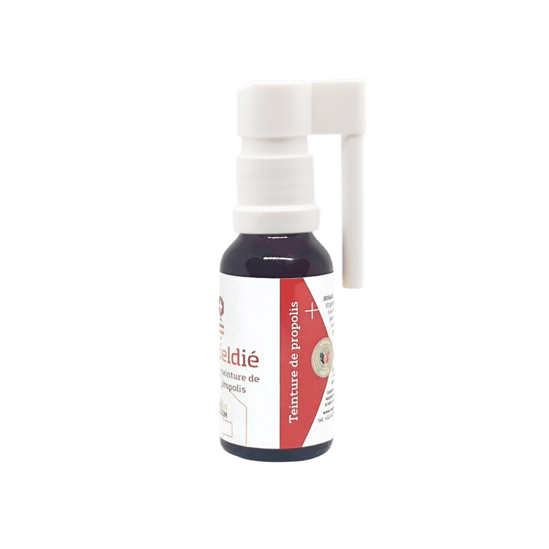 Flacon de spray nasal à la propolis, avec un design épuré et un embout pratique, présenté sur un fond blanc pour mettre en valeur le produit.