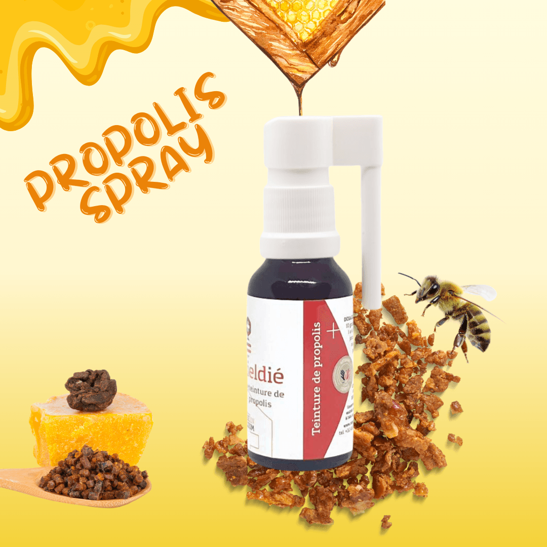 Spray nasal à la propolis, accompagné de visuels illustrant des ingrédients naturels comme la propolis brute, le miel et une abeille, sur un fond jaune avec des motifs de miel en coulée