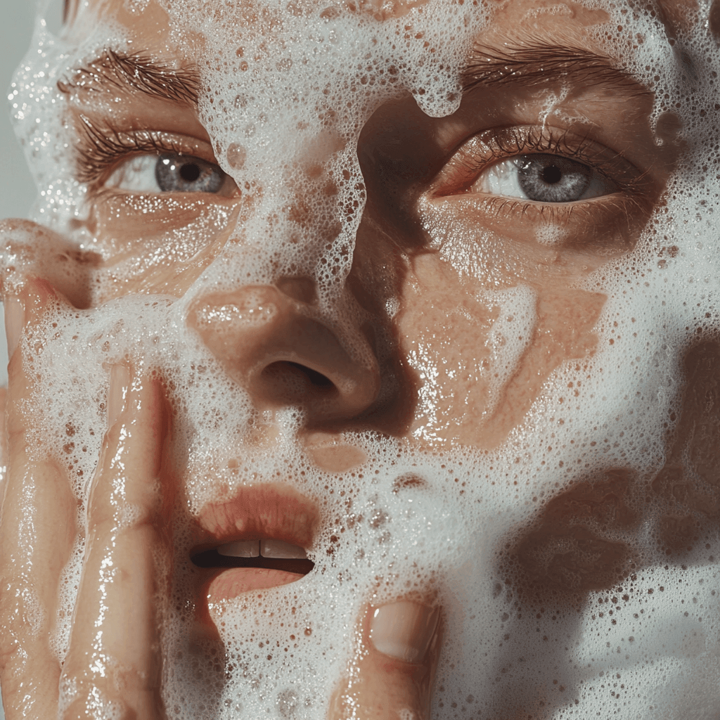 remieldie_Une belle femme se lave le visage à la main. La peau est recouverte de mousse savonneuse. Fond blanc.